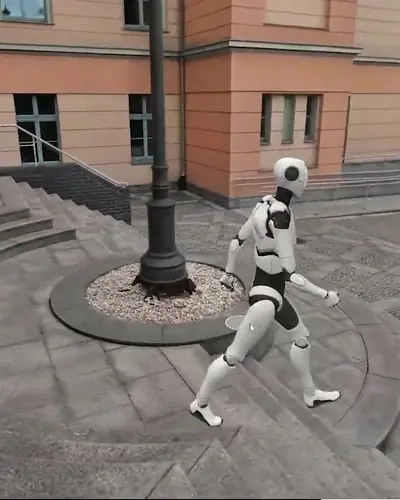 A robot walking through a 3D Gaussian splat scan of a street